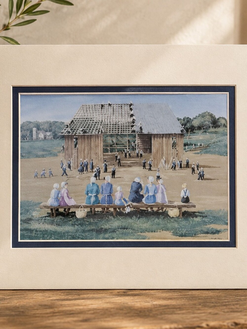 Ann‎ Mount Amish Barn Raising Art Print Matted Folk Art Country Scene